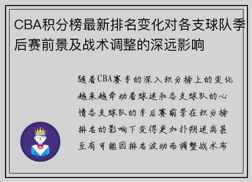 CBA积分榜最新排名变化对各支球队季后赛前景及战术调整的深远影响